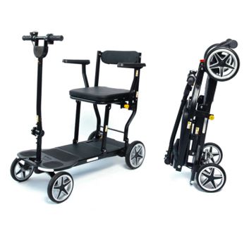 Assembled and folded eFOLDi Compass mobility scooter side by side