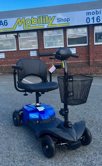 Small black and blue mobility scooter with basket