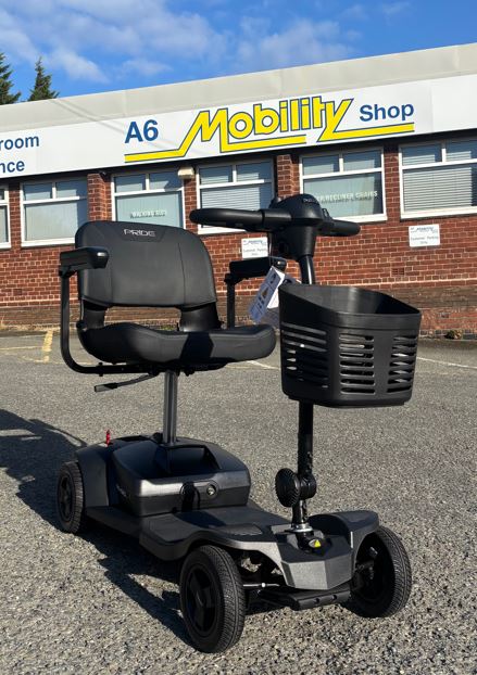Black Pride mobility scooter with black seat and black basket