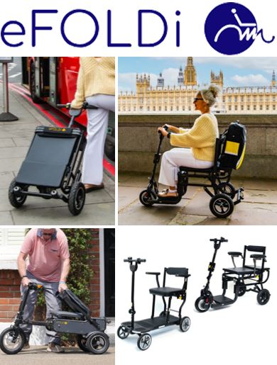 Montage of eFOLDi mobility scooters folded and being driven