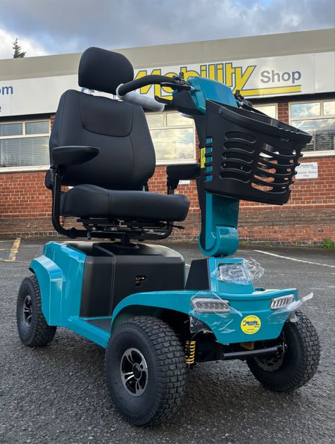 Teal mobility scooter with black seat, front basket and large wheels
