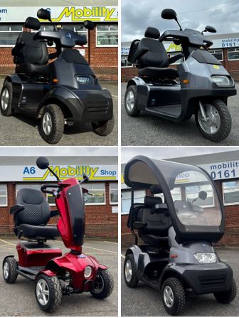 Montage of 4 TGA mobility scooters pictured outside A6 Mobility Shop in Stockport, Greater Manchester
