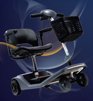 Drive mobility scooter on colourful background with seat, basket, handlebars and 4 wheels