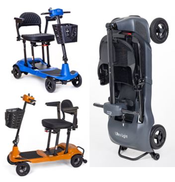 3 colours of Monarch Genie Ultralight mobility scooters in blue, grey and orange