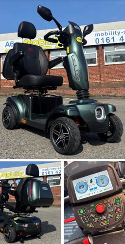 Green mobility scooter with back box, digital display screen, LED lights and black seat