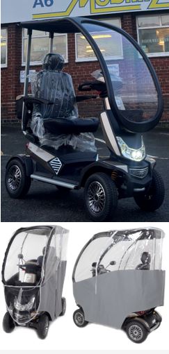 Large mobility scooter with rain canopy and front windscreen