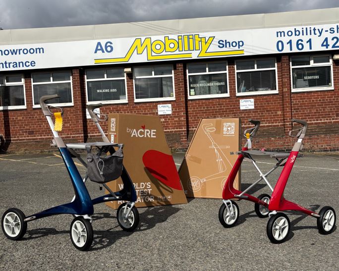 Rollator walking aids pictured outside A6 Mobility Shop in Stockport