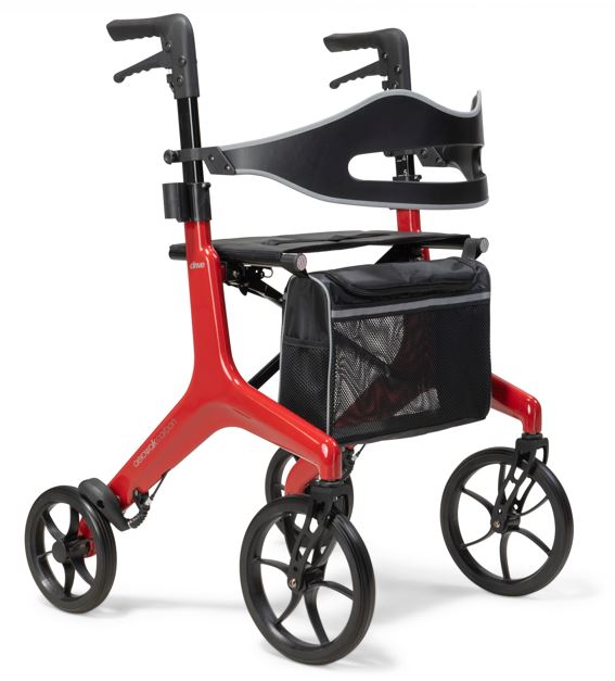 Red and black rollator with seat and wheels