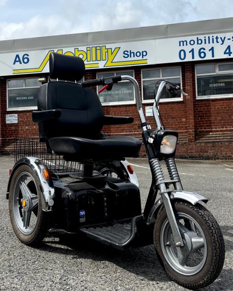 Motorbike Style 3 wheel mobility scooter with chrome handlebars and black seat