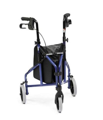 Blue and black 3 wheel rollator walking aid