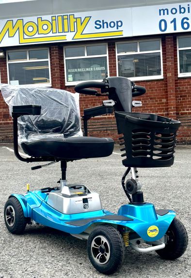 Light blue mobility scooter with black handlebars and seat