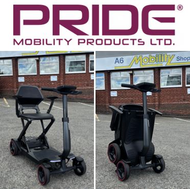 Carbon fibre folding mobility scooter pictured outside A6 Mobility Shop in Stockport, Greater Manchester